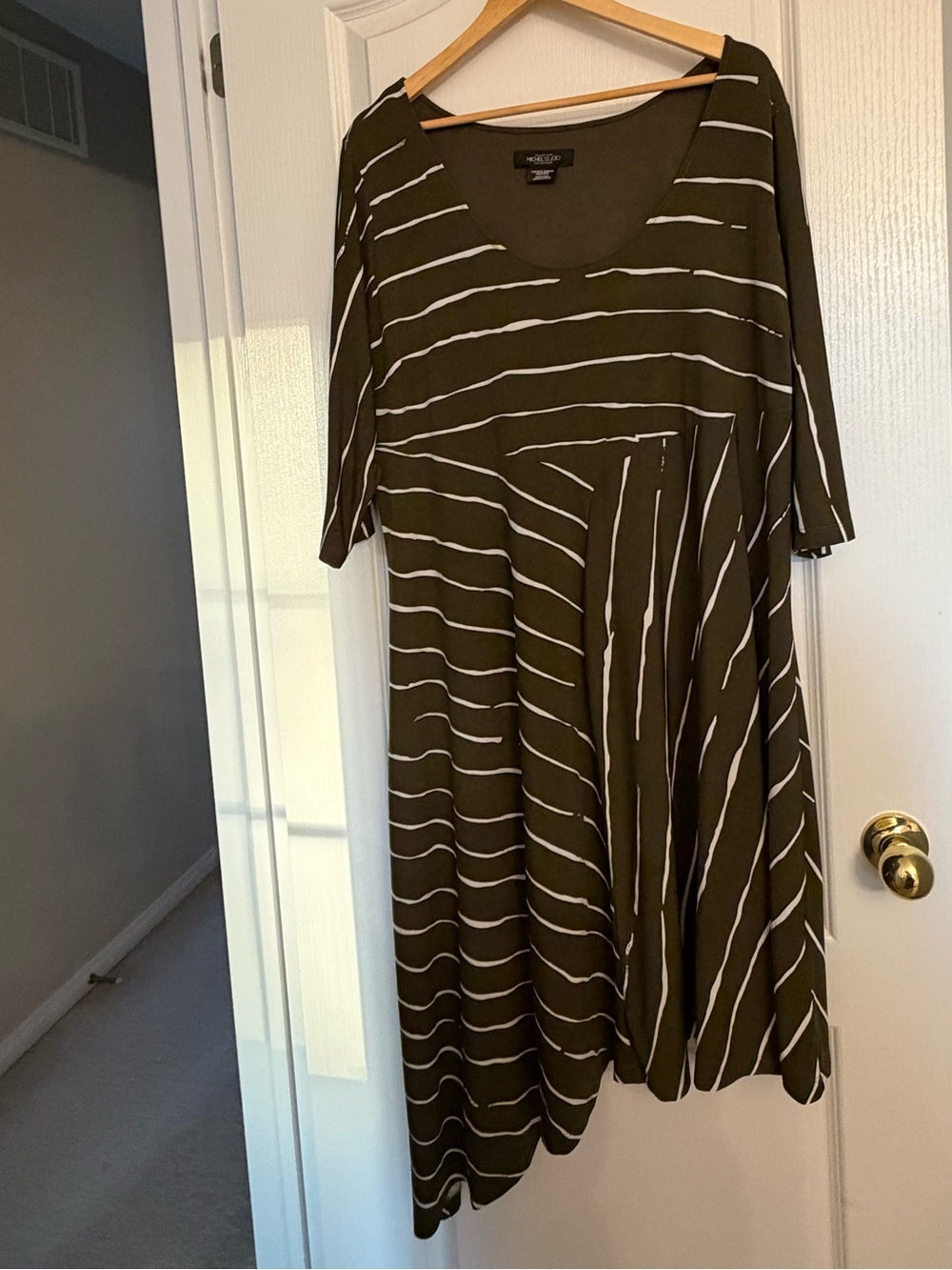 Michel Studio Olive Green and White Striped Midi Dress